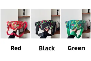 Detailed views of floral nylon crossbody bags in red, black, and green floral patterns