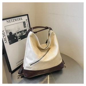 Sac cabas chic en cuir PU bicolore avec fermeture éclair diagonale et anses brunes