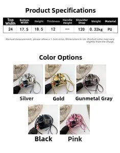 Size chart showing PU leather bucket bag dimensions and five available color options