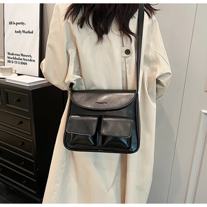 Women Urban Minimalist PU Leather Shoulder Bag Double Front Pockets Flap Crossbody Bag High-End Simple Large Daily Handbag