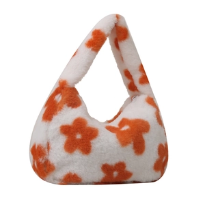 Borsa a mano invernale in peluche bianca con fiori arancioni e chiusura a cerniera