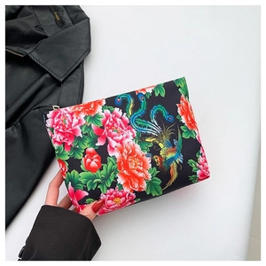 Fashionable nylon clutch bag with traditional red peony and phoenix embroidery on black