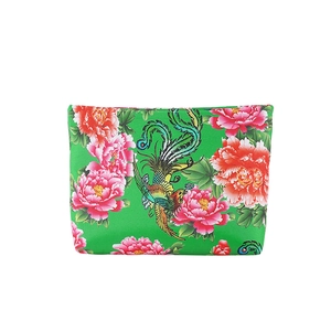 Green nylon clutch bag with phoenix and peony floral print and traditional chinese pattern