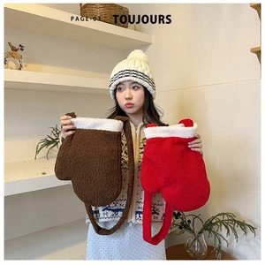 Borsa invernale in lana di agnello a forma di muffola con bordo in peluche marrone e rosso