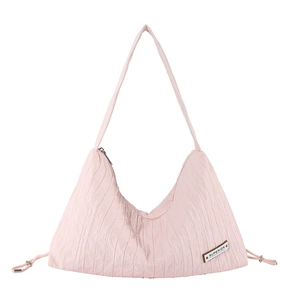 Pink pleated crescent shoulder bag with Superior woven label and drawstring detail