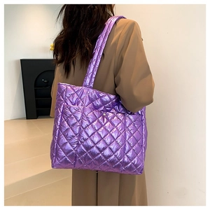 Metallic Quilted Tote Bag For Women PU Leather Diamond Lattice Shoulder Bag Large Capacity Fashion Winter Handbag Glossy Carryall