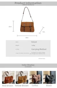 Detailed view of suede messenger bag dimensions and adjustable leather straps in four colors