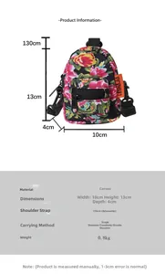 Detailed view of mini floral canvas bag with dimensions 10x13x4cm and adjustable strap