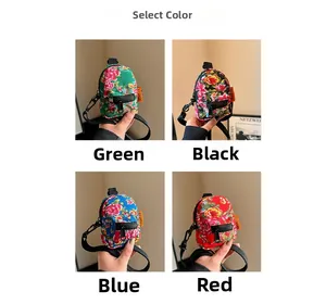 Detail view of mini floral crossbody bags in four vibrant colors with nylon texture