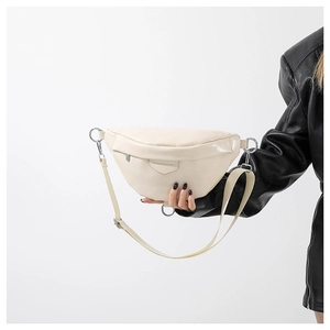 Minimalist cream white PU leather crescent shoulder bag with adjustable strap and metal buckle