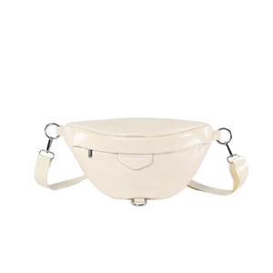 Minimalist cream white leather waist bag with silver hardware and adjustable shoulder strap
