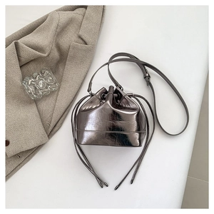 Metallic PU Leather Bucket Bag For Women Gothic Cross Pendant Drawstring Shoulder Bag Punk Style Shiny Handbag For Daily Party