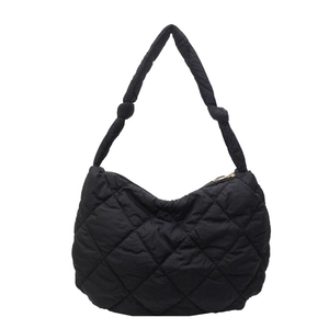 Chic black quilted puffer shoulder bag with a stylish knot strap and secure gold zipper