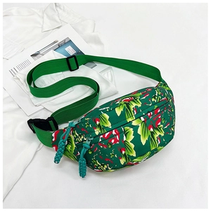 Floral print green nylon crossbody waist bag with adjustable strap for fashion styling