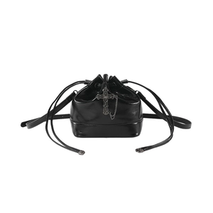 Minimalist black PU leather drawstring bucket bag with gothic silver cross charm