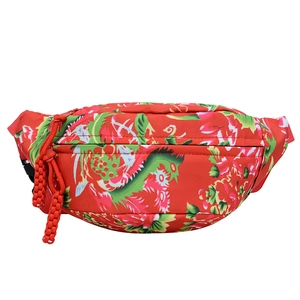 Winter nylon crossbody bag with traditional red floral pattern and black zipper detail