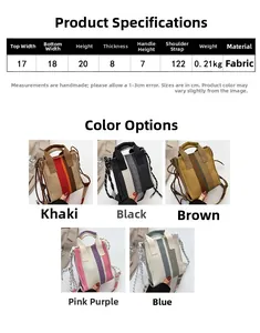 Detailed size chart and dimensions for the striped fabric handbag with color options