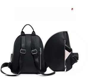 Detail of the hidden anti-theft zipper pocket on the back of a black PU leather backpack