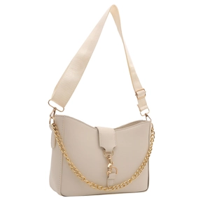 Minimalist beige PU leather shoulder bag with gold chain strap and woven adjustable belt