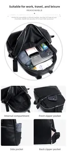 Detail view of black litchi grain faux leather backpack with multiple storage pockets