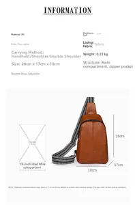 Detailed view of brown PU leather crossbody bag with size specs and striped strap