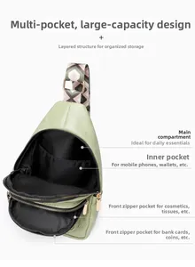 Detail view of light green crossbody bag showing multiple functional zipper compartments