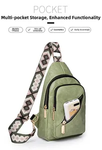 Detail view of light green crossbody bag with woven strap and multi-pocket organization