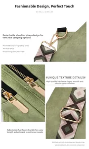 Detail of green matte crossbody bag showing woven strap, golden hardware and dual zippers