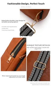 Close-up of premium brown lychee texture leather with gold hardware and striped strap
