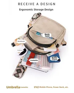 Vue détaillée du sac à bandoulière beige montrant le rangement multicouche et la sangle