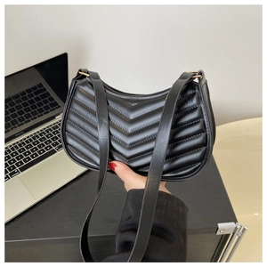 Chic black PU leather crescent shoulder bag featuring V-shaped pleated quilting texture
