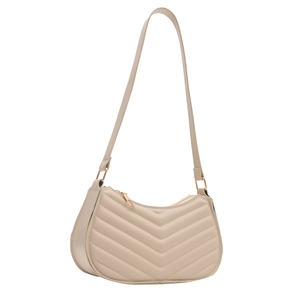 Chic beige quilted PU leather shoulder bag with V-shaped stitching and gold zipper