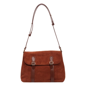 Retro brown suede crossbody bag with vintage leather straps and golden metal buckles