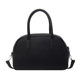 Classic black pebbled leather Boston handbag with dual top handles and detachable strap