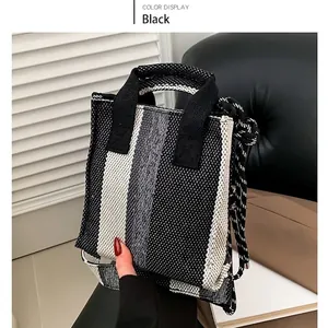 Women's Striped Knitted Shoulder Bag Fabric Handbag Urban Simplicity Woven Tote Bag With Rope Strap Large Capacity Daily Travel Bag