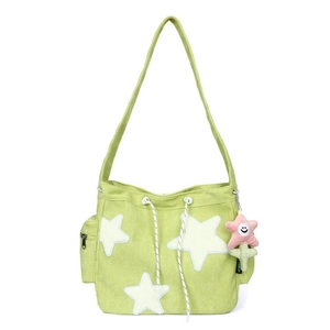 Groene corduroy draagtas met sterren en pluche hanger voor studentes in Japanse stijl