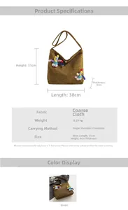Detail specifications of the winter canvas crossbody bag showing 38x31x8cm size and weight