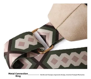Détail de la bandoulière tissée colorée avec anneau en métal doré sur sac en cuir beige