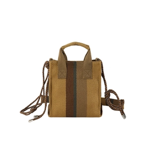 Structured striped fabric tote bag with top handles and adjustable shoulder strap