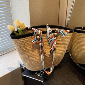 Women Woven Tote Bag Fashion Silk Scarf Handle Shoulder Bag Wood Beads Bohemian Large Capacity Vacation Beach Handbag