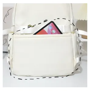 Detail of white canvas backpack featuring a hidden anti-theft back pocket for tablets