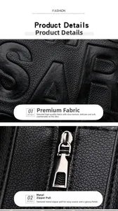 Détail d'un sac en cuir noir grainé avec lettres embossées et fermeture éclair en argent