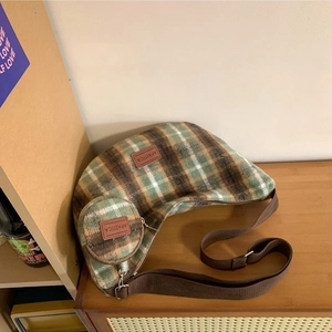 Winter plaid crossbody moon bag set with wool texture fabric and small round coin purse
