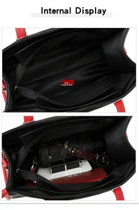 Vue interne du sac cabas en cuir noir montrant le compartiment principal et sa capacité