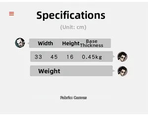 Canvas backpack details showing dimensions of 33x45x16cm and weight of 0.45kg