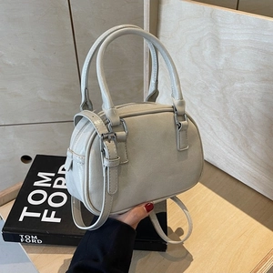Minimalist off-white PU leather mini Boston bag with handles and adjustable strap