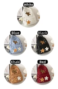 Detail view of five canvas backpacks with star patches and cute mushroom charms