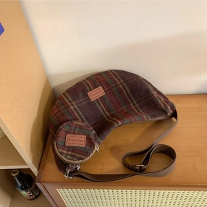 Winter vintage plaid wool crescent bag with adjustable strap and small round coin purse
