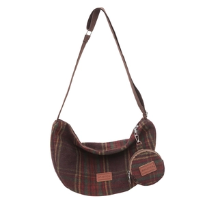 Retro wool plaid crescent crossbody bag with matching round coin purse charm and brown strap