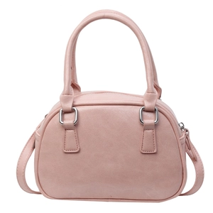 Pink PU leather bowling bag with silver rings and crossbody strap for women